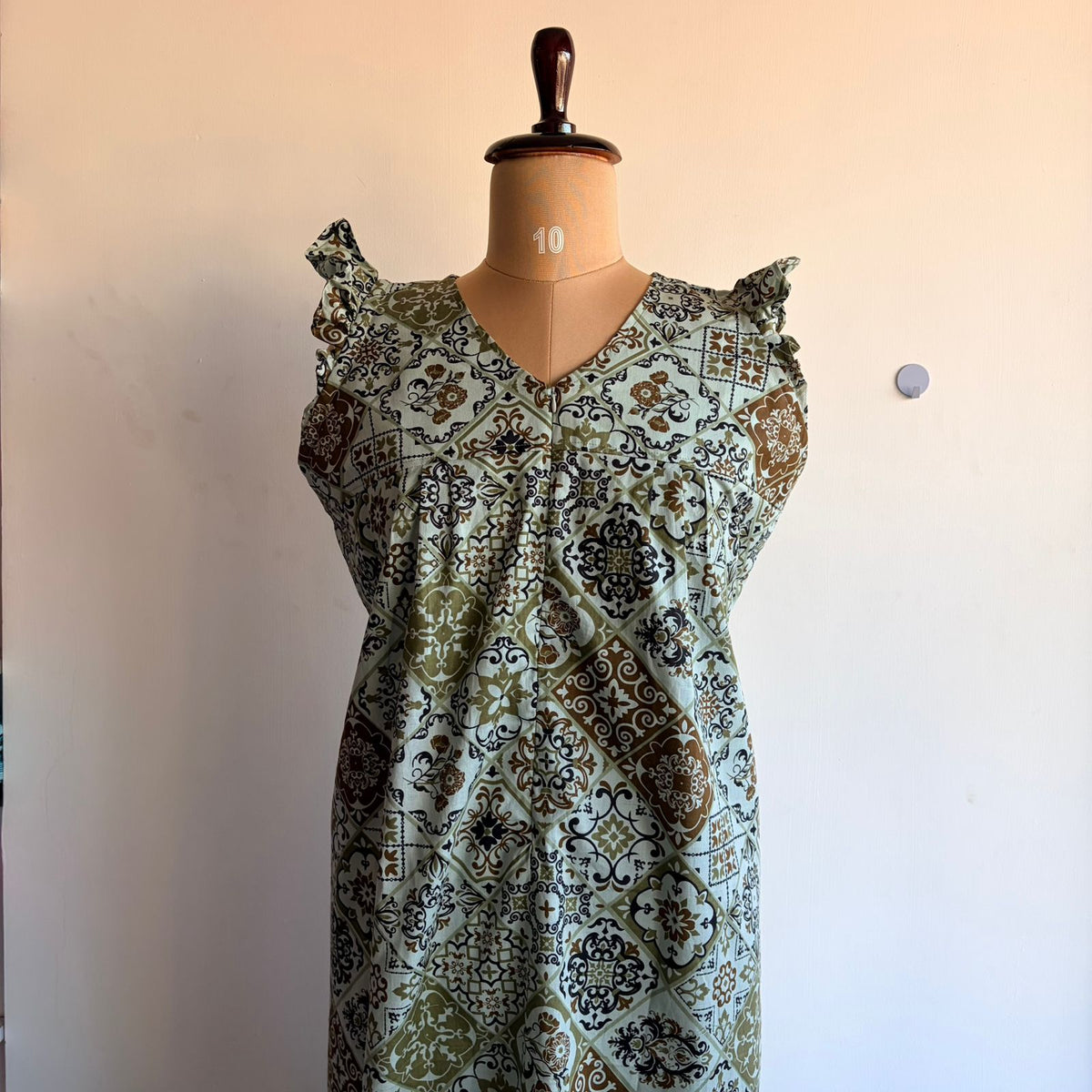 Pastel Green Printed Premium Cotton V- Neck Ruffle Sleeve Long Zip Short Maternity Gown | Free Size | Chest Width 44″| Length 44″