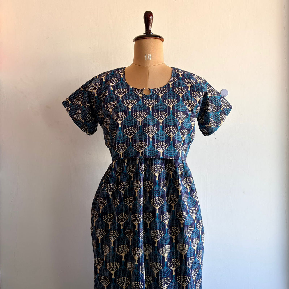 Blue Printed Kantha Cotton Buttonless Zipless Short Maternity Nighty | Free Size |