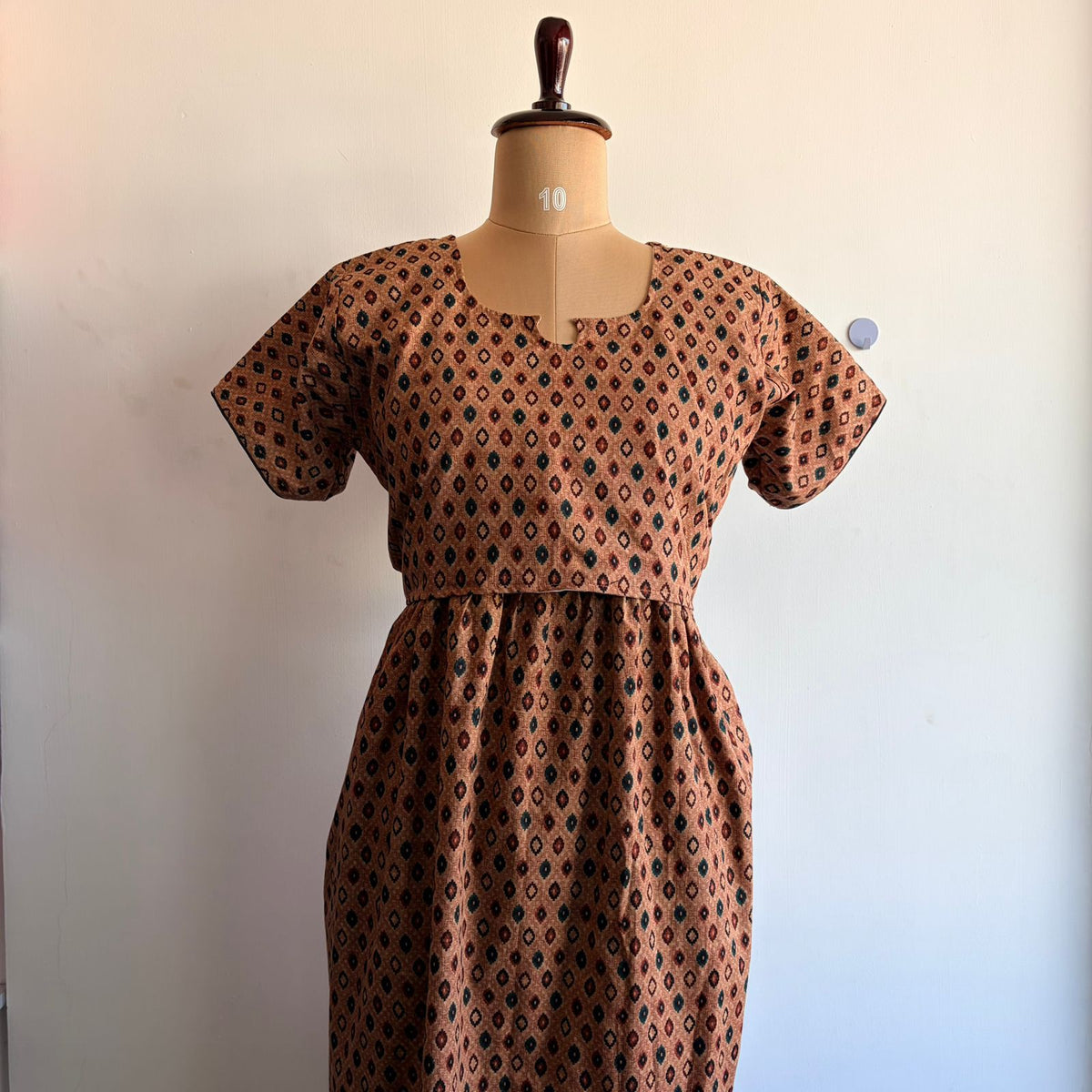 Brown Ikat Printed Premium Cotton Buttonless Zipless Short Maternity Nighty | Free Size | Chest Width 44″| Length 46″