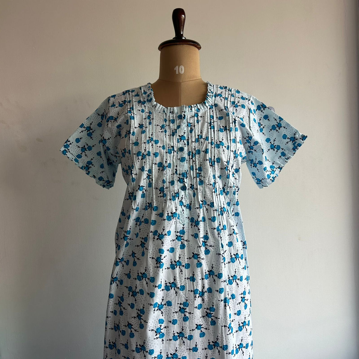 Blue Floral Printed White Premium Cotton Ruffle Neck Button Nighty | Chest Width 44″ | Length 54″-56″|