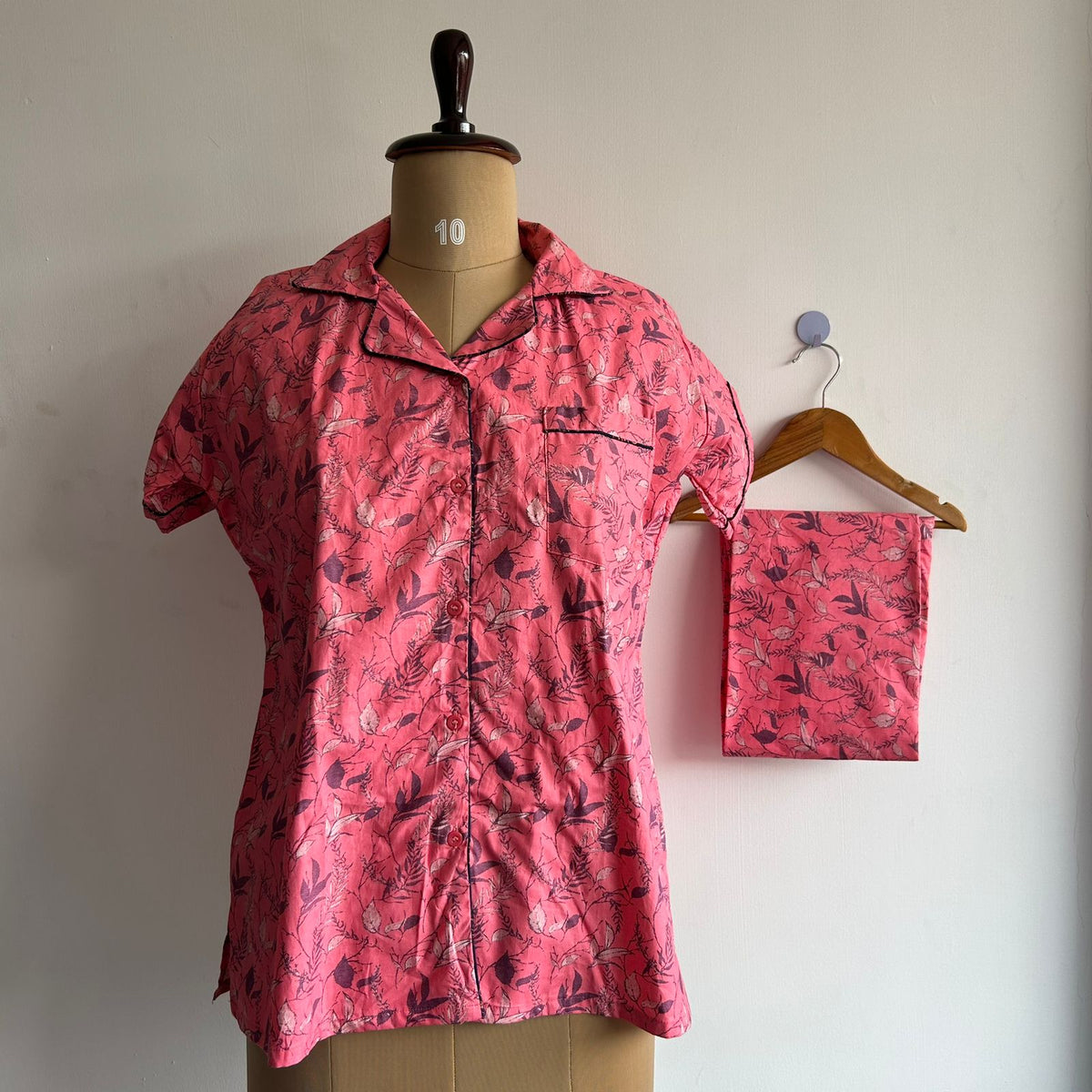 Peach Leaf Printed Pure Cotton Shirt Pyjama Set