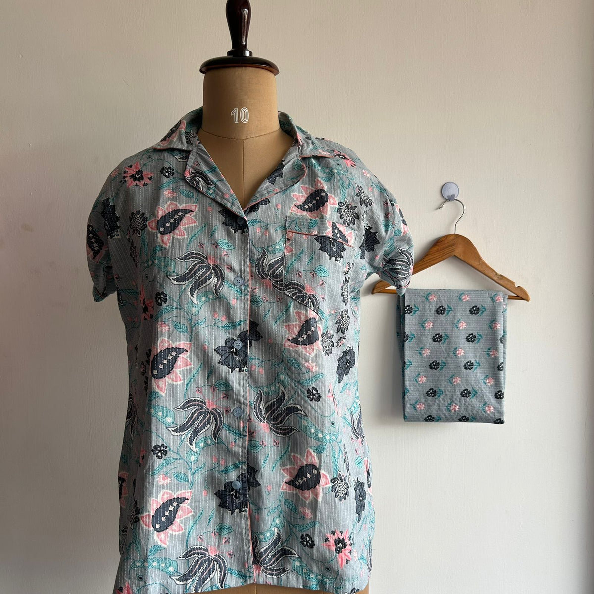 Grey Floral Printed Kantha Cotton Shirt Pyjama Set | Free Size |