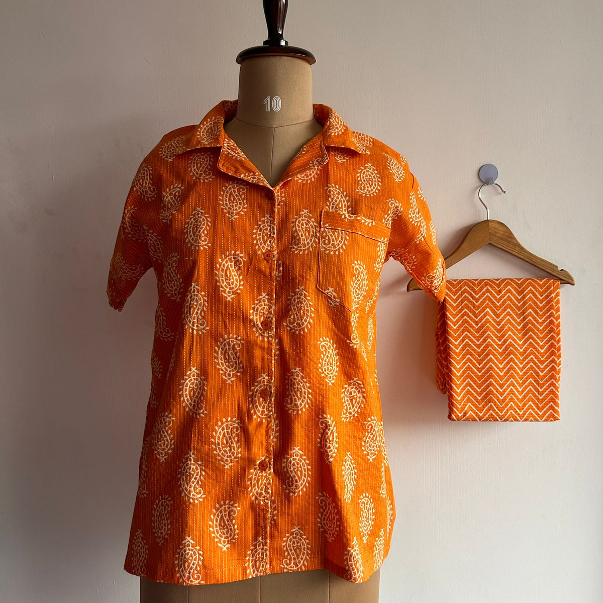 Tango Orange Printed Kantha Cotton Shirt Pyjama Set | Free Size |