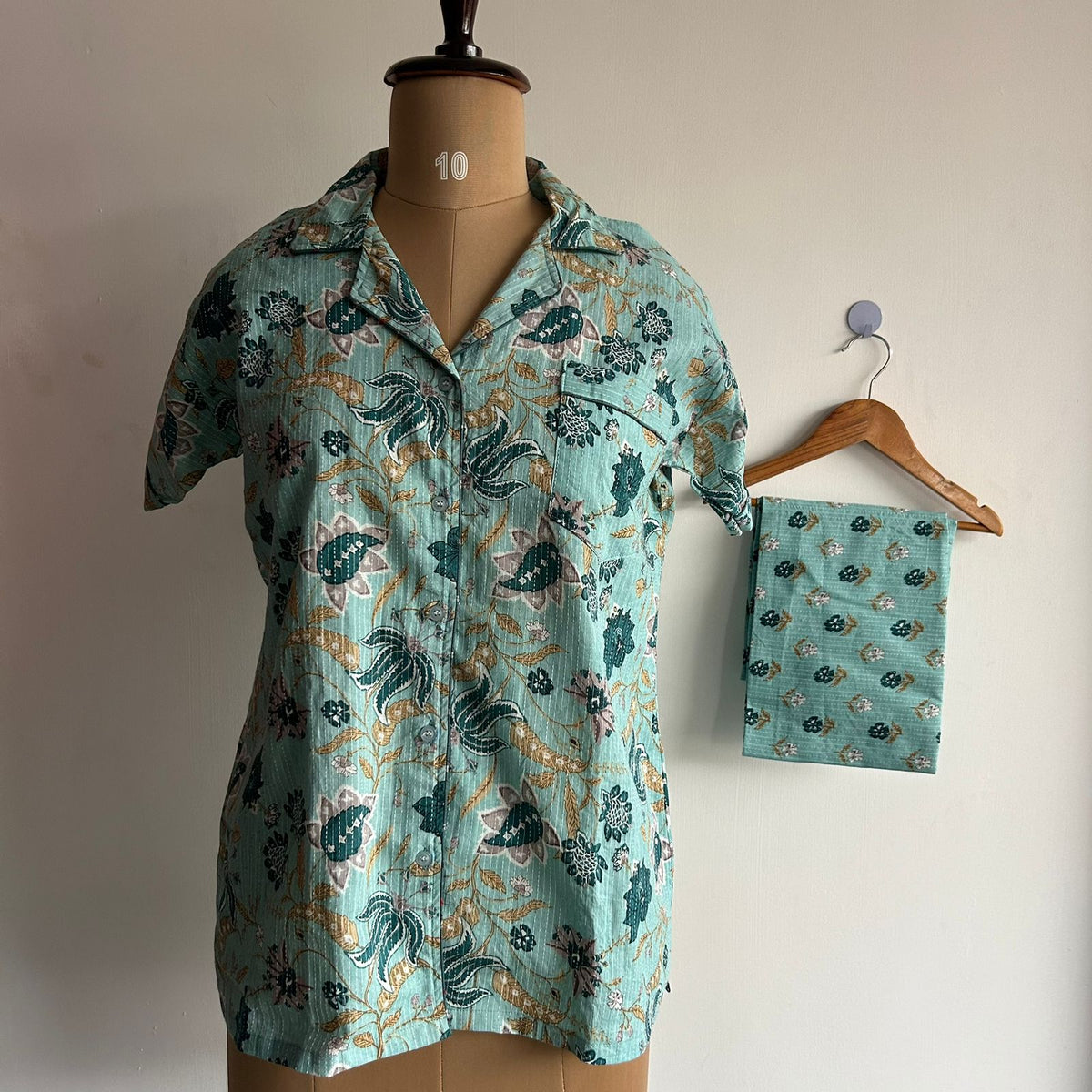 Blue Floral Printed Kantha Cotton Shirt Pyjama Set | Free Size |