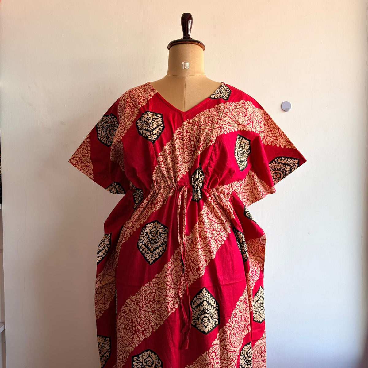 Red Ajrakh Printed Premium Cotton Feeding Kaftan | Free Size | Chest Width 44″| Length 56″