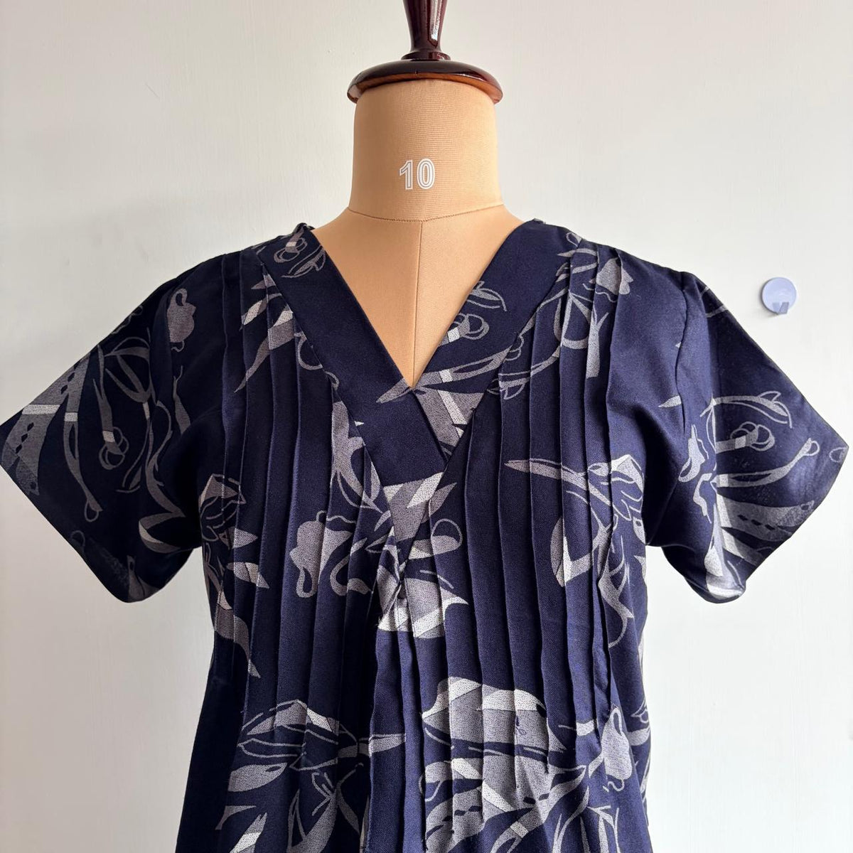 Navy- Blue And Grey Printed V-Neck Alfine Churidar Cut Nighty | Free Size | Chest Width 44″| Length 56″