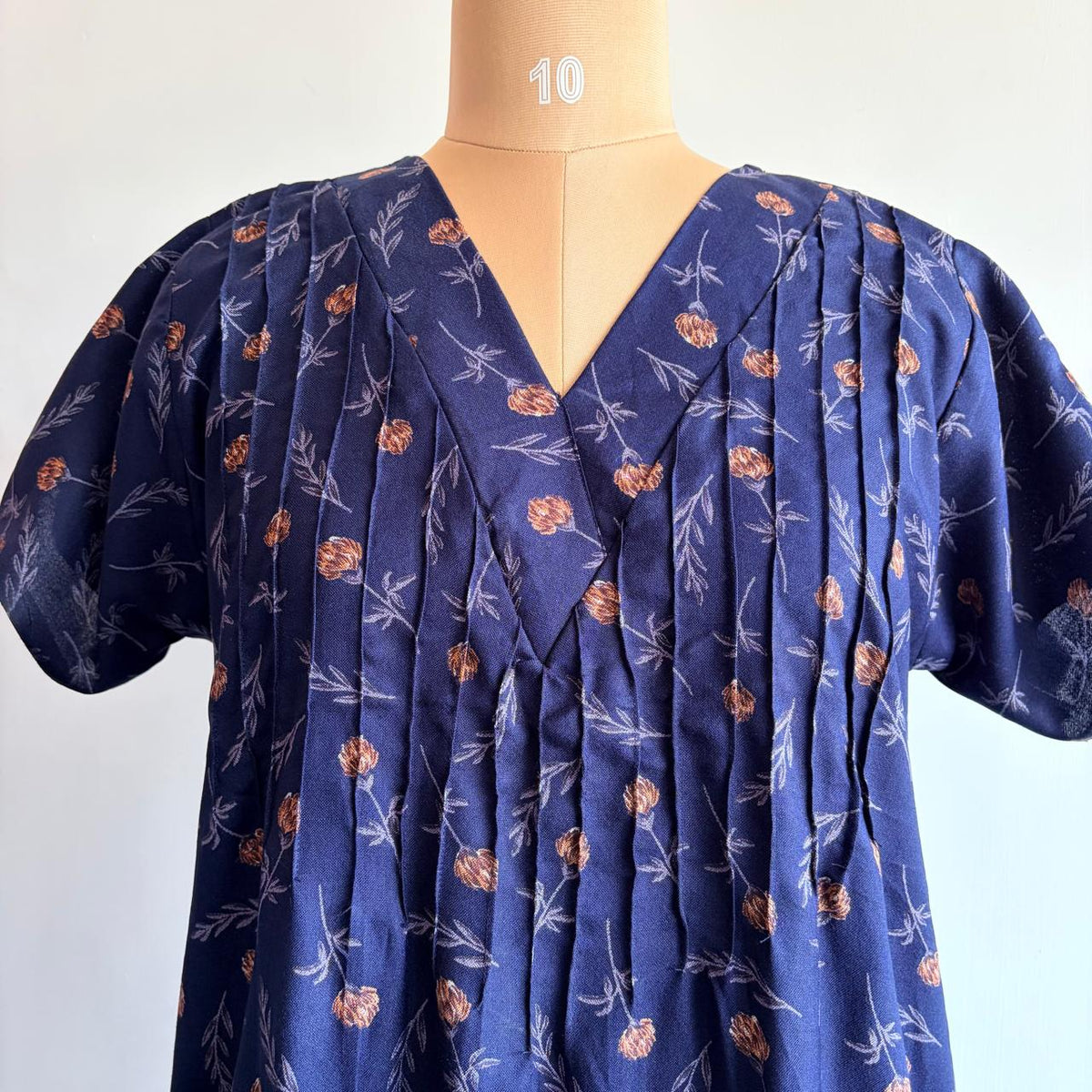 Navy- Blue And Brown Floral Printed V-Neck Alfine Churidar Cut Nighty | Free Size | Chest Width 44″| Length 56″