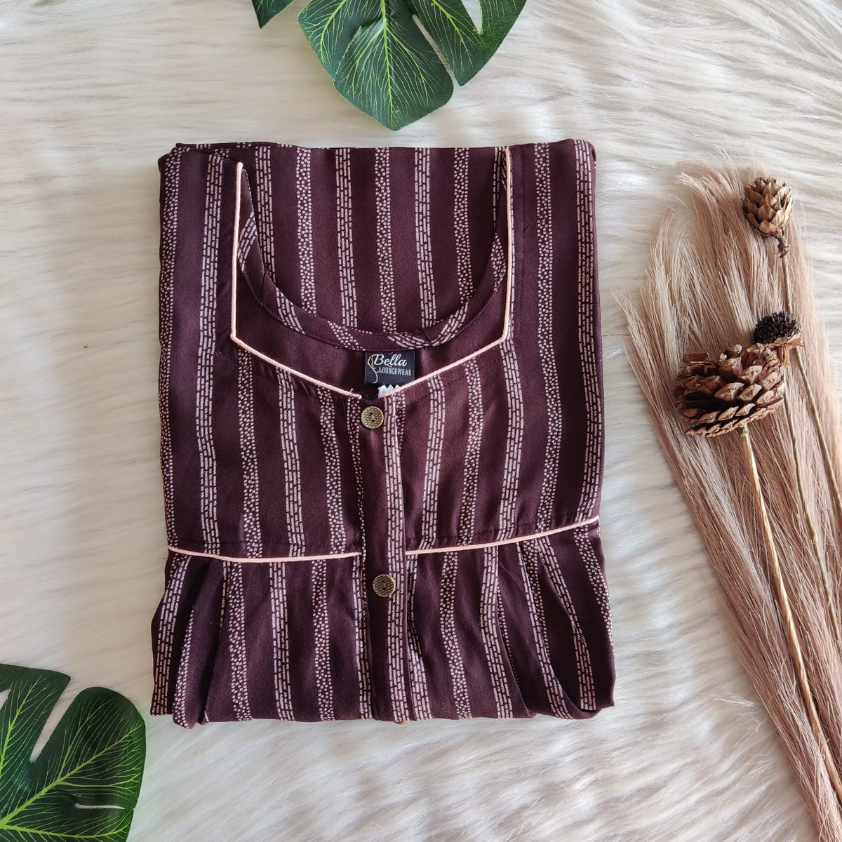 Coffee Brown Printed Alfine 60 Inch Length Button Zip Nighty | Free Size | Chest Width 44″|
