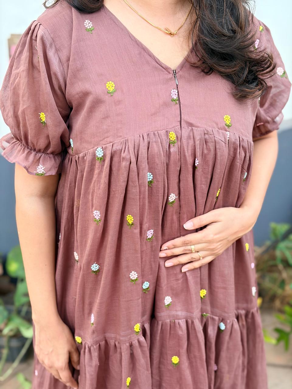 Brown Floral Embroidered Mul Cotton Flared Feeding Gown With Single Centre Invisible Zip | Free Size | 46" length