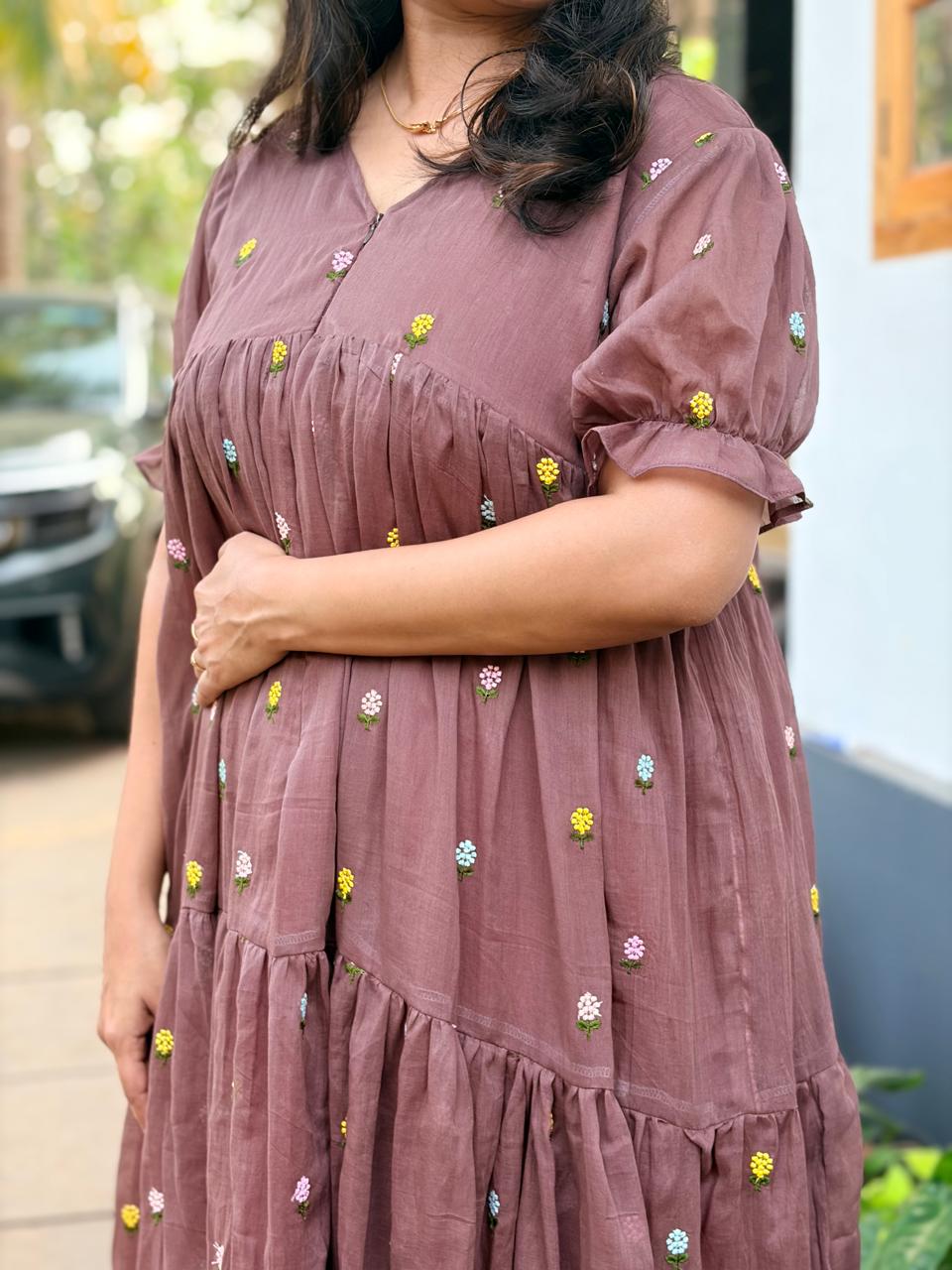 Brown Floral Embroidered Mul Cotton Flared Feeding Gown With Single Centre Invisible Zip | Free Size | 46" length