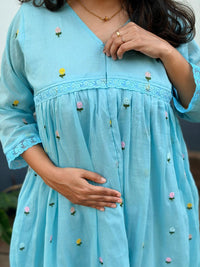 Blue Floral Embroidered Mul Cotton Feeding Kurti With Organza Lace And Single Centre Invisible Zip | Free Size | 44" length