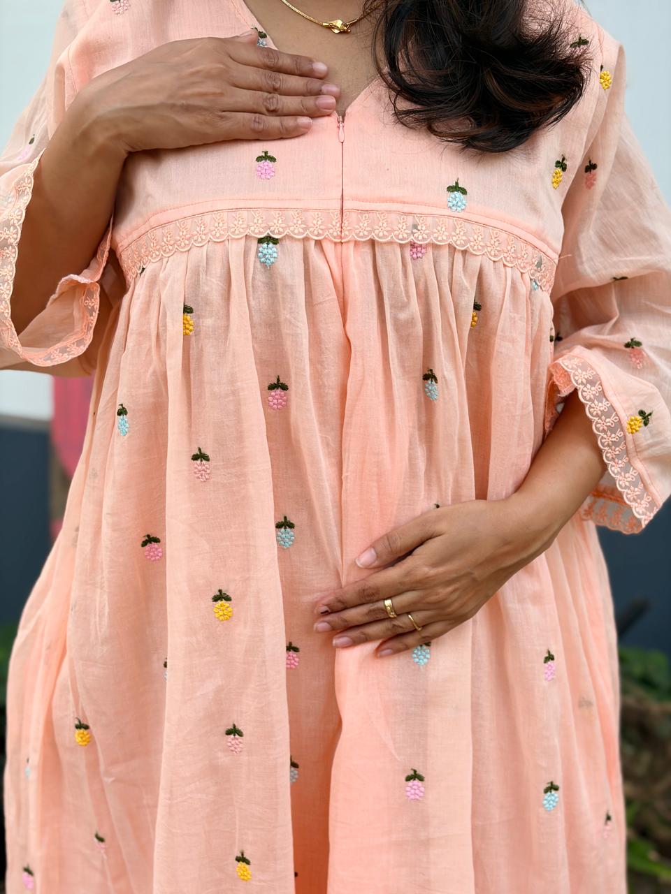 Orange Floral Embroidered Mul Cotton Feeding Kurti With Organza Lace And Single Centre Invisible Zip | Free Size | 44" length
