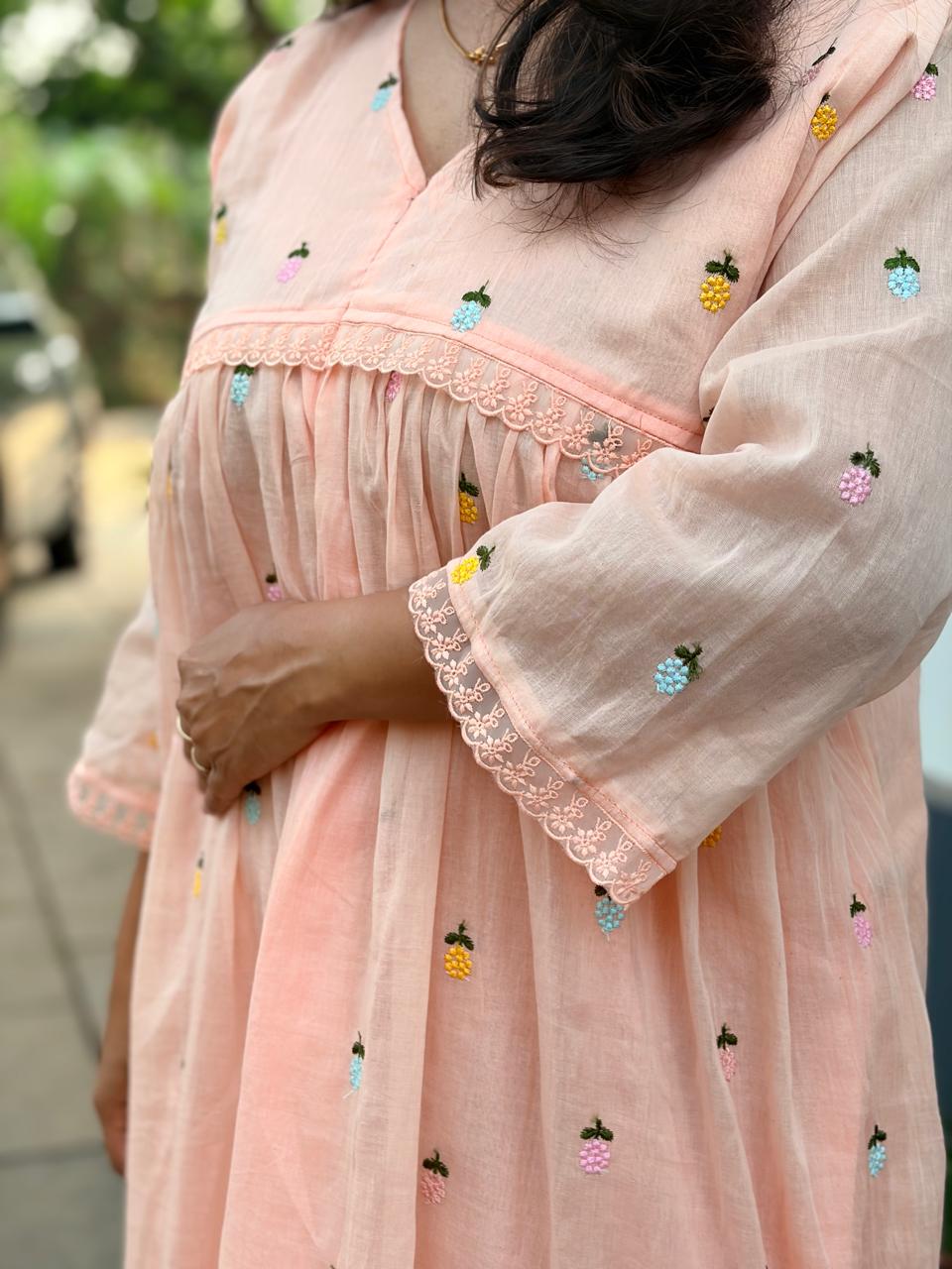 Orange Floral Embroidered Mul Cotton Feeding Kurti With Organza Lace And Single Centre Invisible Zip | Free Size | 44" length