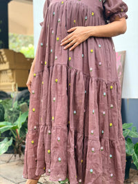 Brown Floral Embroidered Mul Cotton Flared Feeding Gown With Single Centre Invisible Zip | Free Size | 46" length