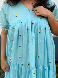 Blue Floral Embroidered Mul Cotton Flared Feeding Gown With Single Centre Invisible Zip | Free Size | 46" length