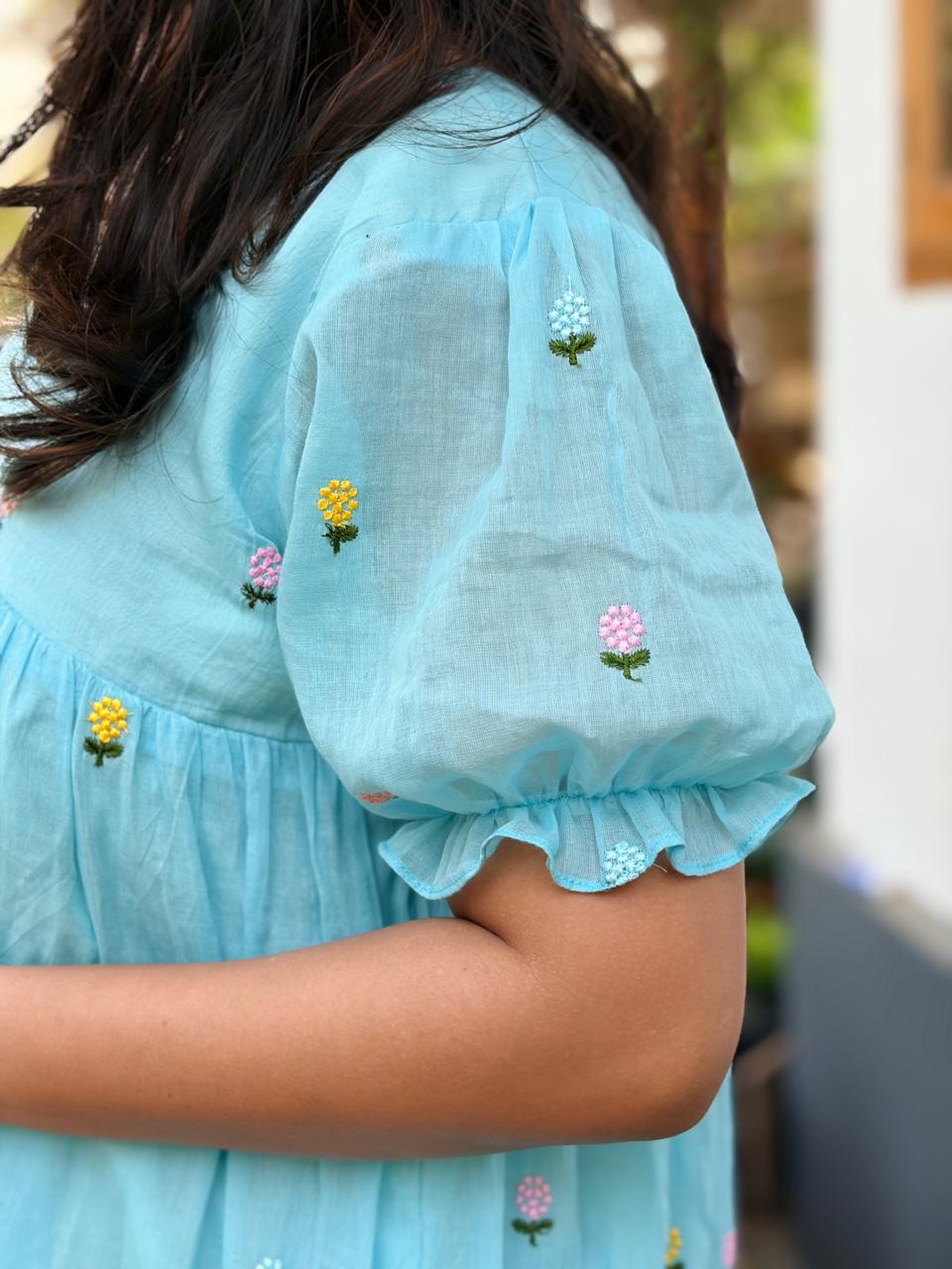 Blue Floral Embroidered Mul Cotton Flared Feeding Gown With Single Centre Invisible Zip | Free Size | 46" length