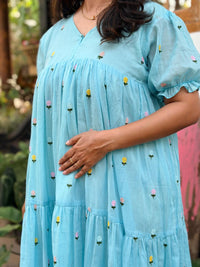 Blue Floral Embroidered Mul Cotton Flared Feeding Gown With Single Centre Invisible Zip | Free Size | 46" length