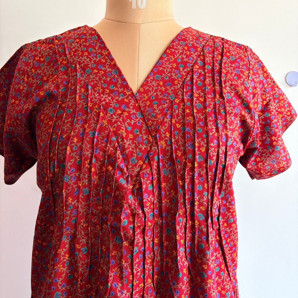 Red Floral Printed V-Neck Alfine Churidar Cut Nighty | Free Size | Chest Width 44″| Length 56″