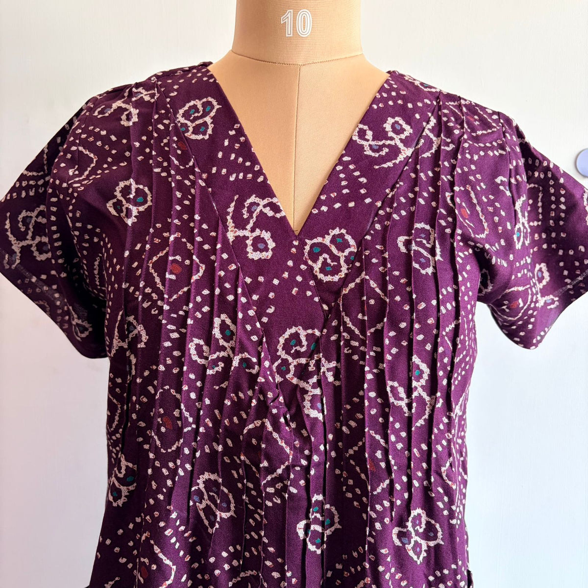 Violet Bandhani Printed V-Neck Alfine Churidar Cut Nighty | Free Size | Chest Width 44″| Length 56″