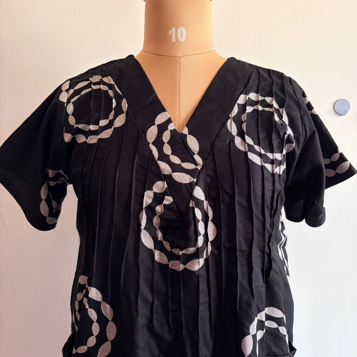 White Printed Black V-Neck Alfine 60 Inch Length Churidar Cut Nighty | Free Size | Chest Width 44″| Length 60″