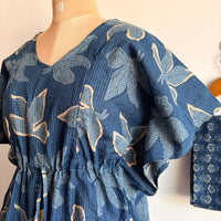 Navy-Blue Floral Printed Kantha Cotton Kaftan Loungewear Pyjama Set | Free Size |