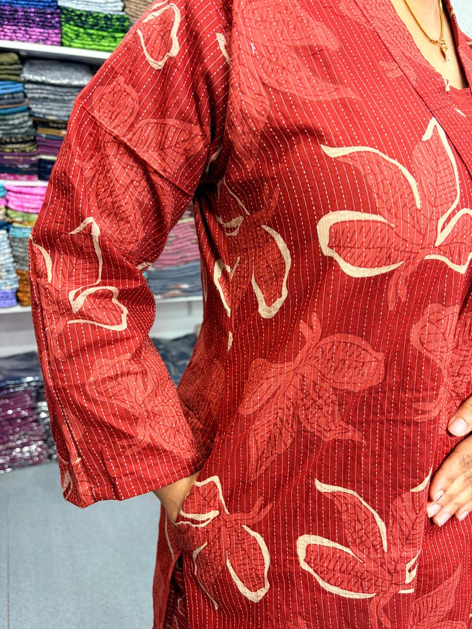 Rust Orange Floral Printed Kantha Cotton V - Collar Neck Kurti Co-ord Set| Palazzo Pant | Free Size