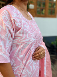 Pastel Peach Printed Round Neck Cotton Feeding 3 Piece Set With Pant And Dupatta | Free size