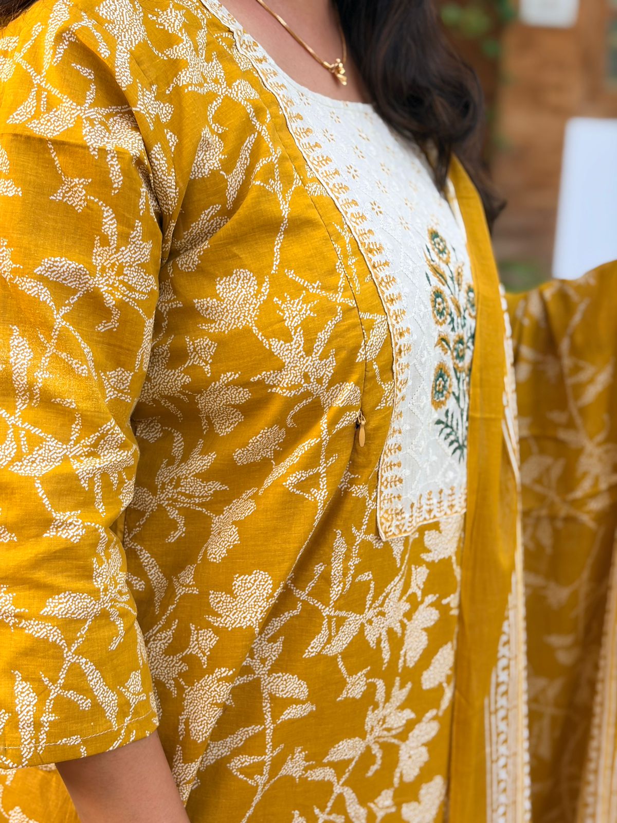 Yellow Floral Printed Round Neck Cotton Feeding 3 Piece Set With Pant And Dupatta | Free size