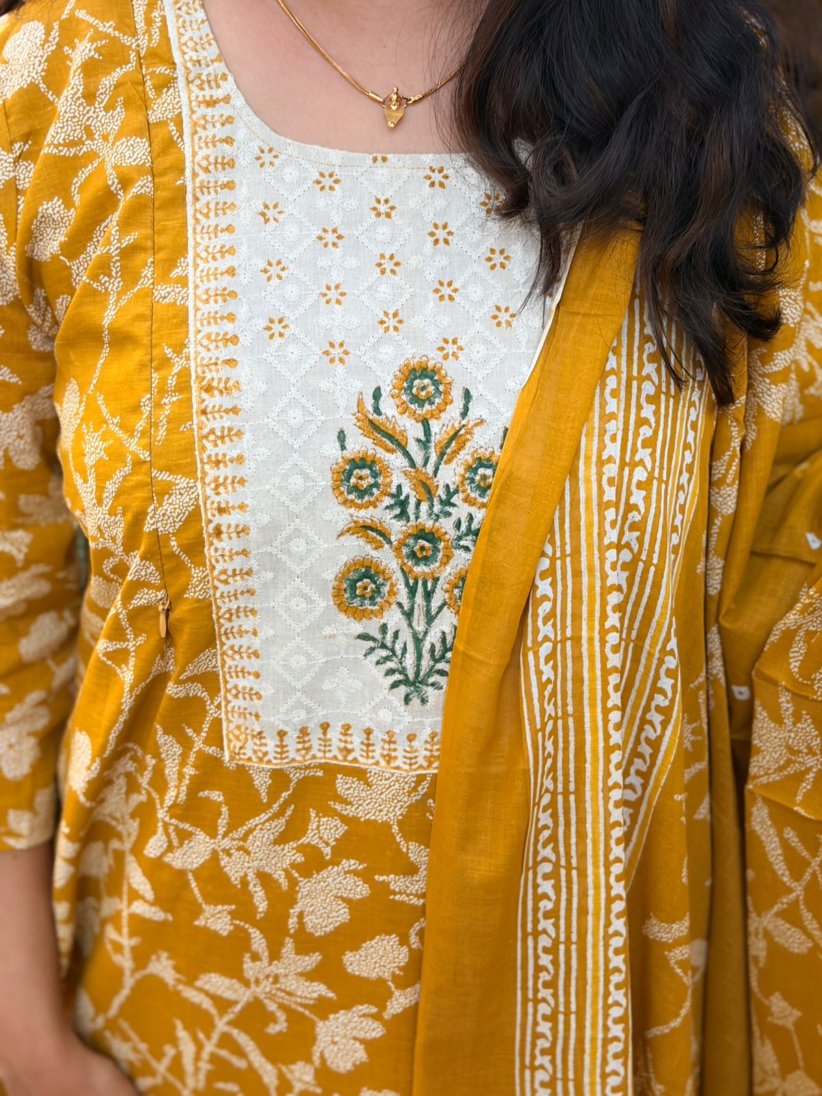 Yellow Floral Printed Round Neck Cotton Feeding 3 Piece Set With Pant And Dupatta | Free size