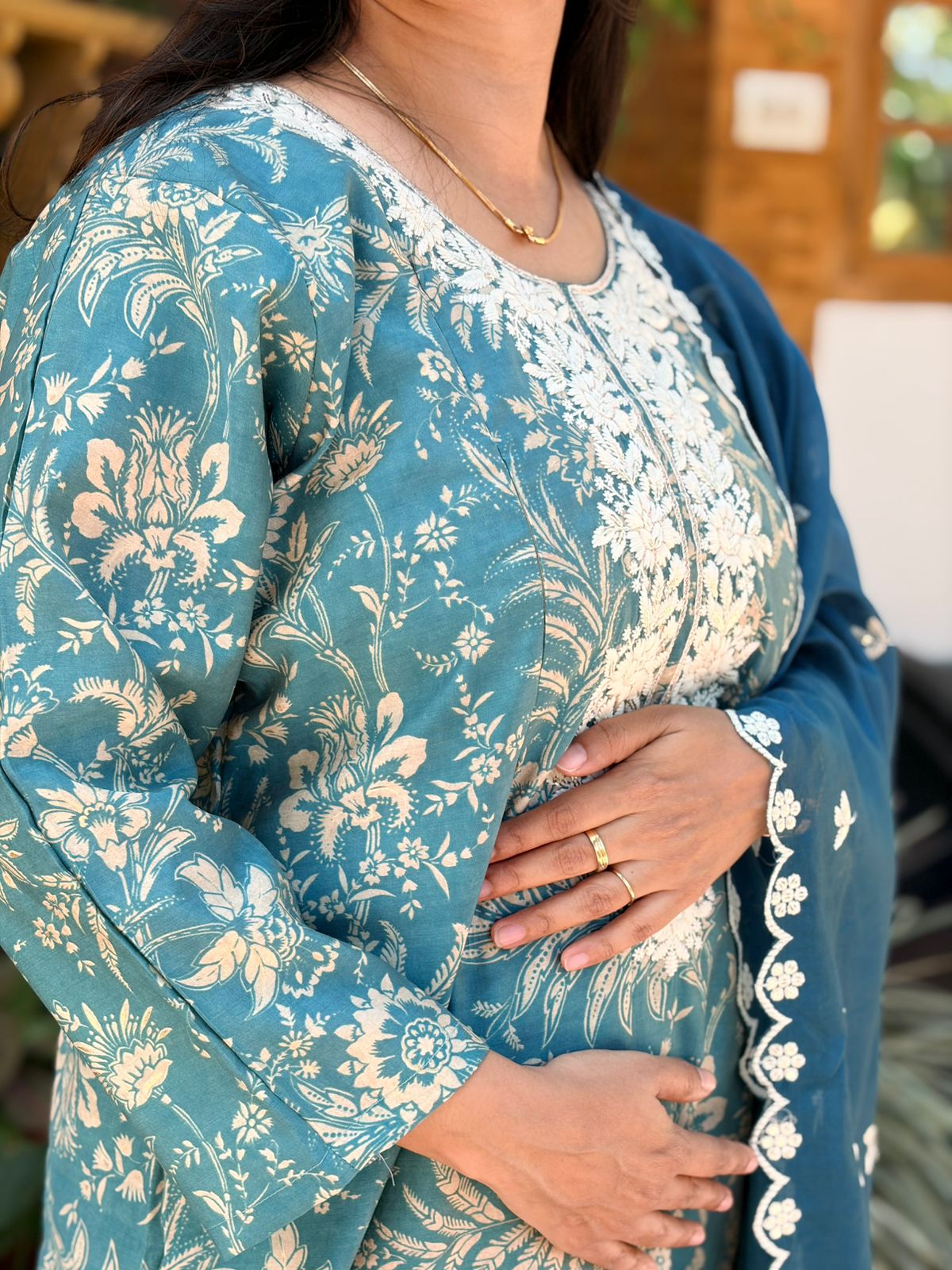 Ash Blue Floral Printed Chikankari Embroidered Vatican Silk Feeding 3 Piece Set With Pant And Dupatta | Free size