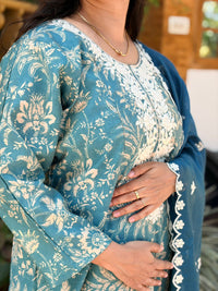 Ash Blue Floral Printed Chikankari Embroidered Vatican Silk Feeding 3 Piece Set With Pant And Dupatta | Free size