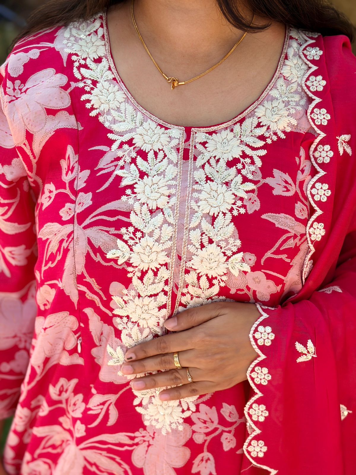 Rani Pink Floral Printed Chikankari Embroidered Vatican Silk Feeding 3 Piece Set With Pant And Dupatta | Free size