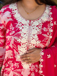 Rani Pink Floral Printed Chikankari Embroidered Vatican Silk Feeding 3 Piece Set With Pant And Dupatta | Free size