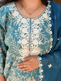 Ash Blue Floral Printed Chikankari Embroidered Vatican Silk Feeding 3 Piece Set With Pant And Dupatta | Free size