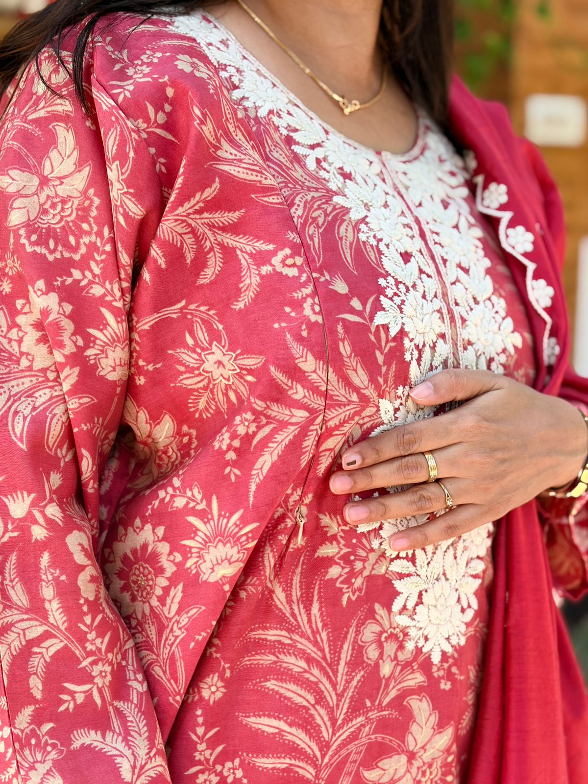 Mauve Pink Floral Printed Chikankari Embroidered Vatican Silk Feeding 3 Piece Set With Pant And Dupatta | Free size