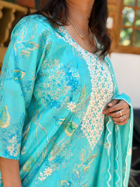 Aqua Blue Floral Printed Chikankari Embroidered Vatican Silk Feeding 3 Piece Set With Pant And Dupatta | Free size