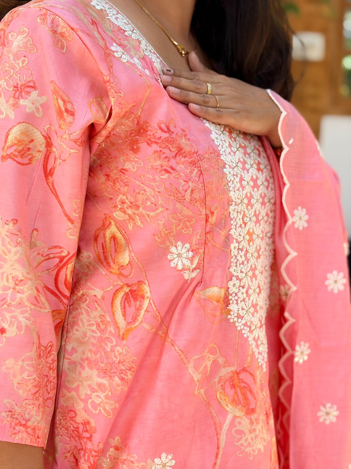 Pastel Peach Floral Printed Chikankari Embroidered Vatican Silk Feeding 3 Piece Set With Pant And Dupatta | Free size