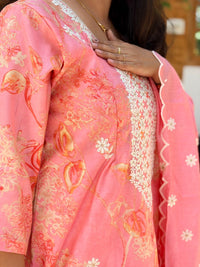 Pastel Peach Floral Printed Chikankari Embroidered Vatican Silk Feeding 3 Piece Set With Pant And Dupatta | Free size