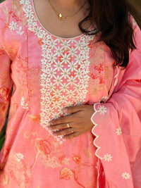 Pastel Peach Floral Printed Chikankari Embroidered Vatican Silk Feeding 3 Piece Set With Pant And Dupatta | Free size