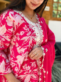 Rani Pink Floral Printed Chikankari Embroidered Vatican Silk Feeding 3 Piece Set With Pant And Dupatta | Free size