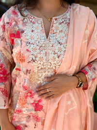Pastel Orange Floral Printed Chikankari Embroidered Vatican Silk Feeding 3 Piece Set With Pant And Dupatta | Free size