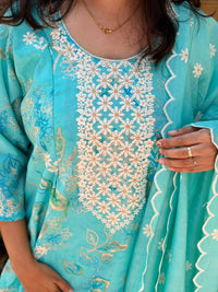 Aqua Blue Floral Printed Chikankari Embroidered Vatican Silk Feeding 3 Piece Set With Pant And Dupatta | Free size