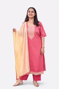 Red Printed Embroidered Cotton Silk Feeding 3 Piece Set With Pant And Dupatta | Free size