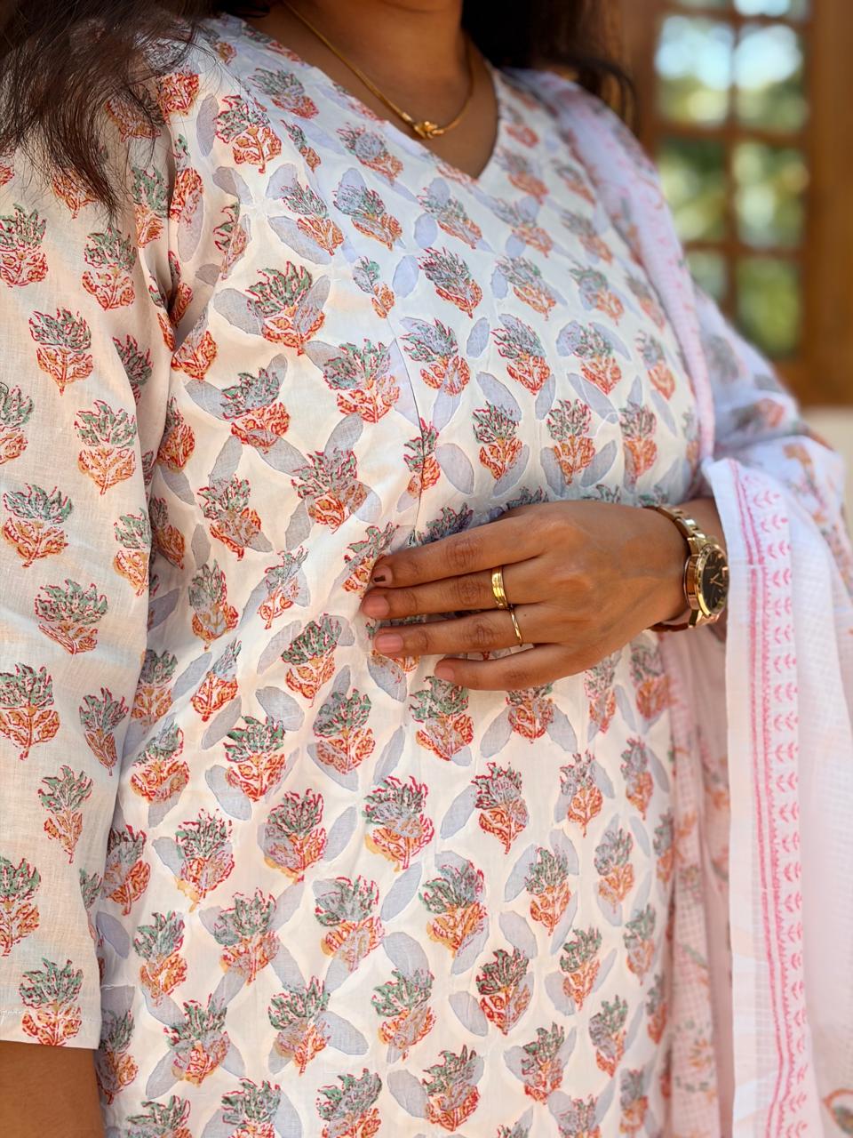 White and Red Floral Printed Applique Work Cotton Feeding 3 Piece Set With Pant And Dupatta | Free size