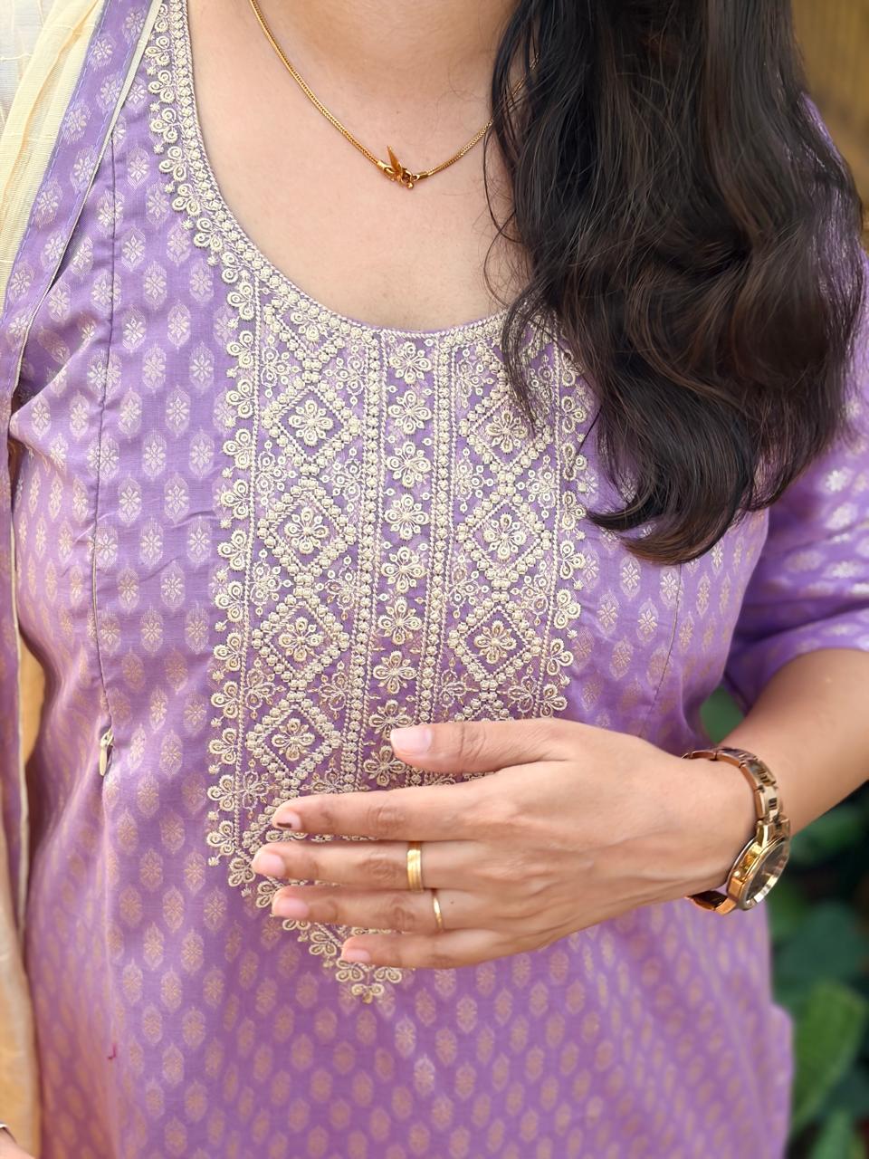 Purple Printed Embroidered Cotton Silk Feeding 3 Piece Set With Pant And Dupatta | Free size
