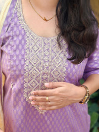 Purple Printed Embroidered Cotton Silk Feeding 3 Piece Set With Pant And Dupatta | Free size