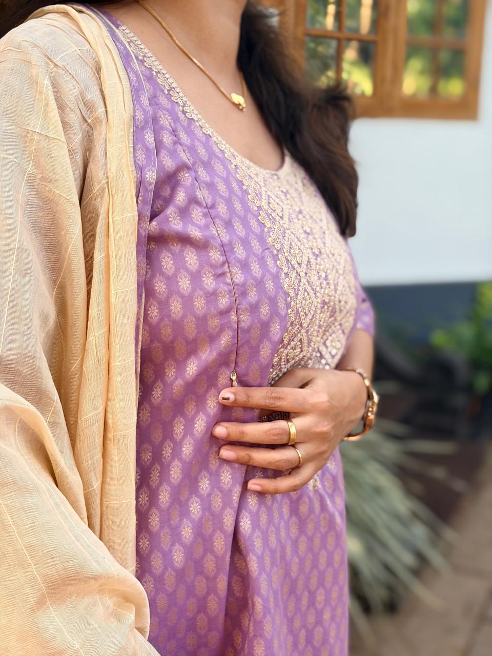Purple Printed Embroidered Cotton Silk Feeding 3 Piece Set With Pant And Dupatta | Free size