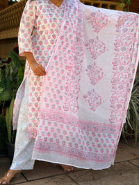 White and Pink Floral Printed Applique Work Cotton Feeding 3 Piece Set With Pant And Dupatta | Free size