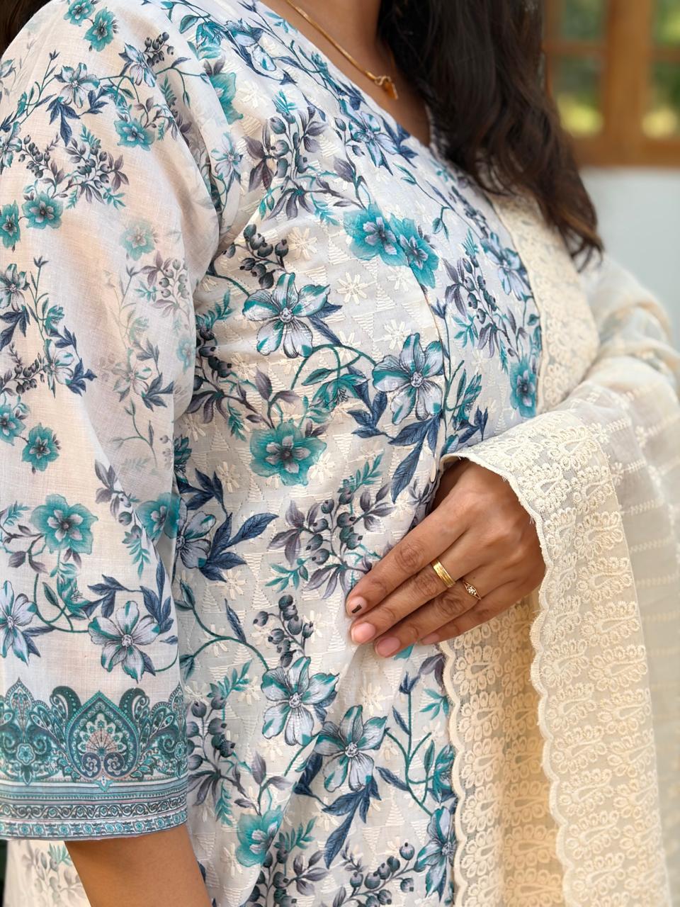Blue And White Floral Printed Chikankari Feeding 3 Piece Set With Pant And Dupatta | Free size