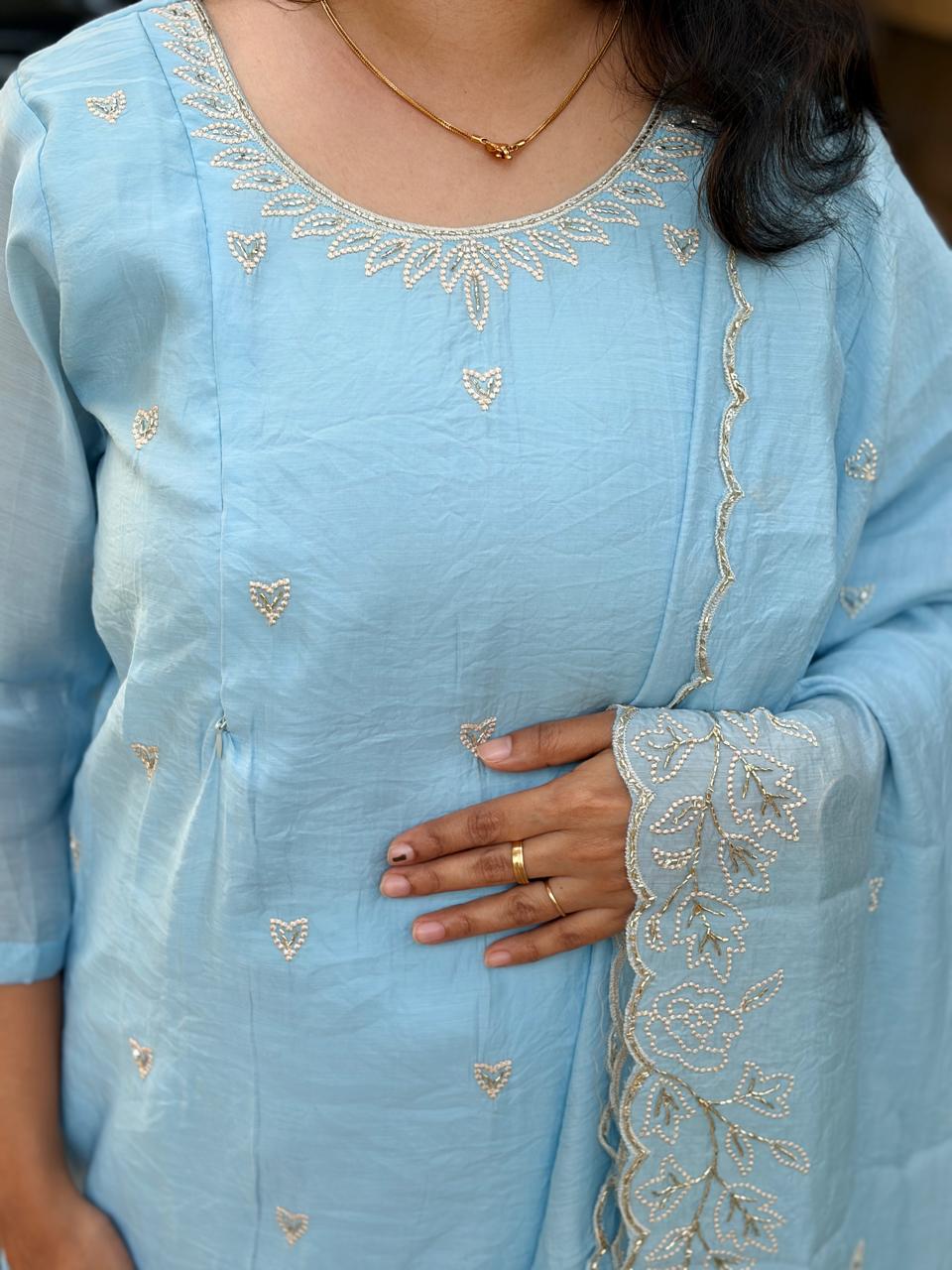 Pastel Blue Printed Hand Embroidered Mul Chanderi Feeding 3 Piece Set With Pant And Dupatta | Free size
